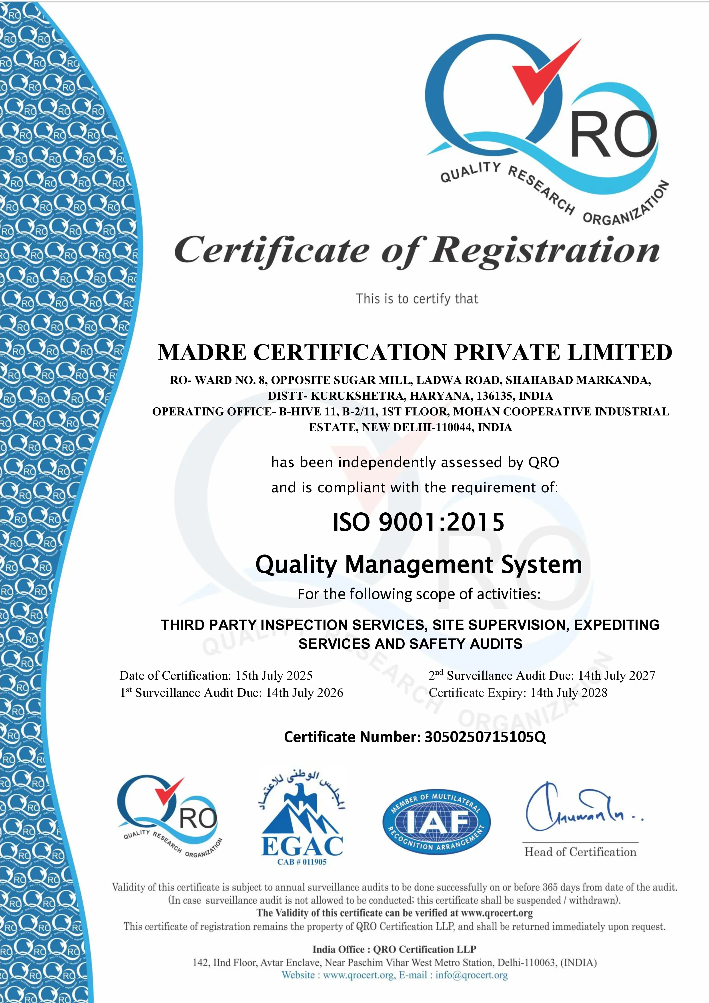 ISO 9001:2015 Certificate of Registration by QRO
